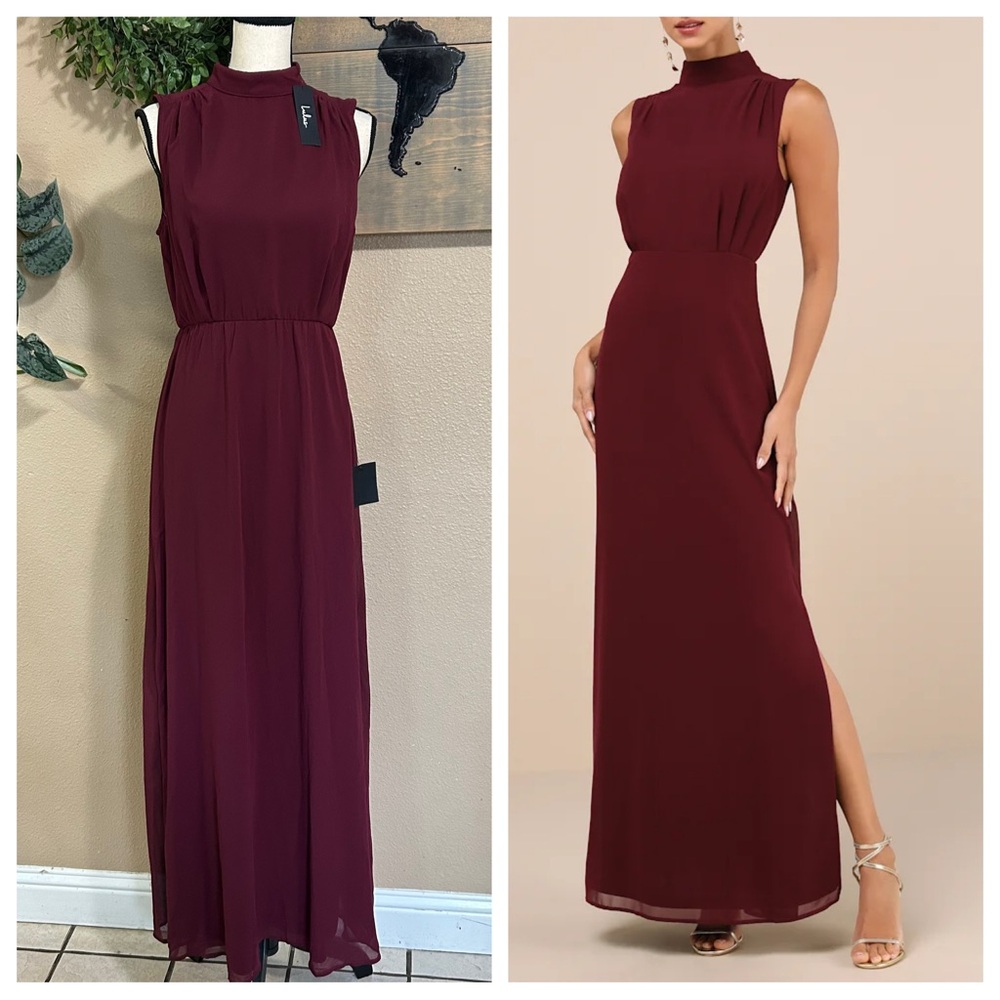 NWT Lulus Classic Elegance Plum Chiffon Sleeveless Mock Neck Maxi Dress